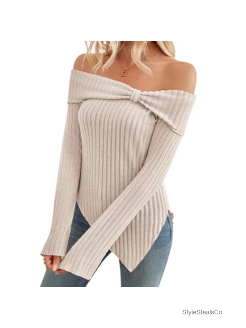 Womens Cute Bow Off Shoulder Knitted Sweater Ribbed Slim Fit Pullover
